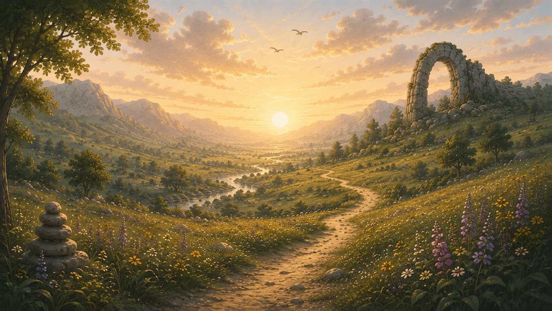 Ilustración de un paisaje al amanecer — una pantalla de etapa completada en Thirty